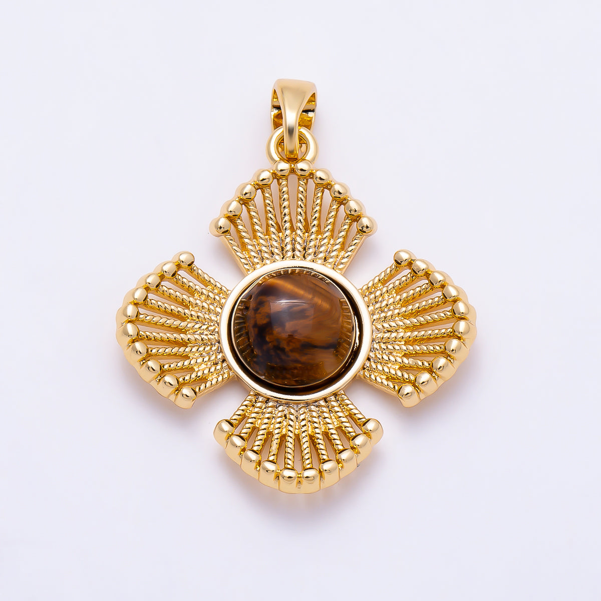 16K Gold Filled 25mm Turquoise, Tiger Eye, Shell Pearl Cabochon Dotted Geometric Flower Pendant | Charms-01553 ~ Charms-01555