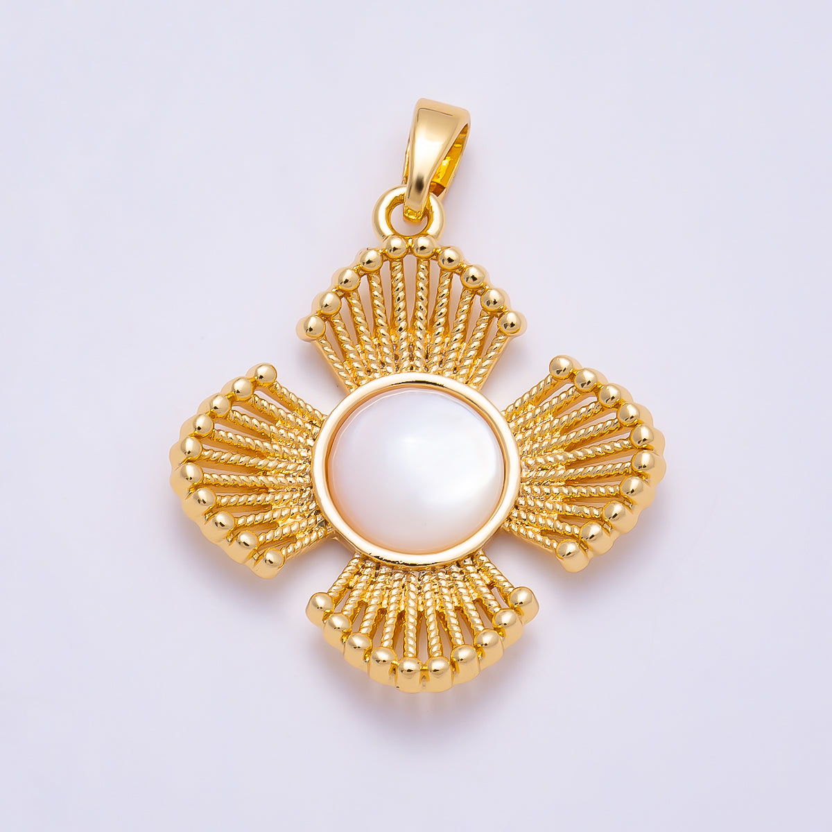 16K Gold Filled 25mm Turquoise, Tiger Eye, Shell Pearl Cabochon Dotted Geometric Flower Pendant | Charms-01553 ~ Charms-01555