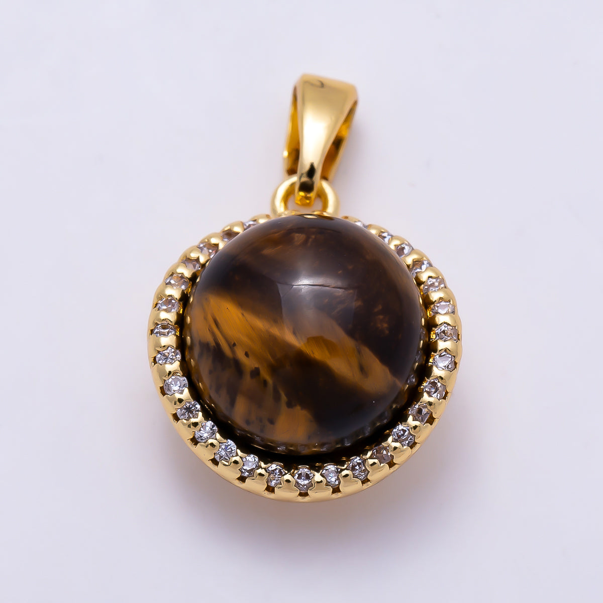 16K Gold Filled 15mm Micro Paved CZ Tiger Eye Cabochon Round Gemstone Pendant | Charms-01558