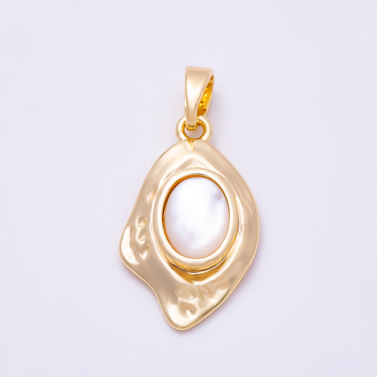 16K Gold Filled 21mm Shell Pearl Molten Geometric Oval Bezel Charm | Charms-01559