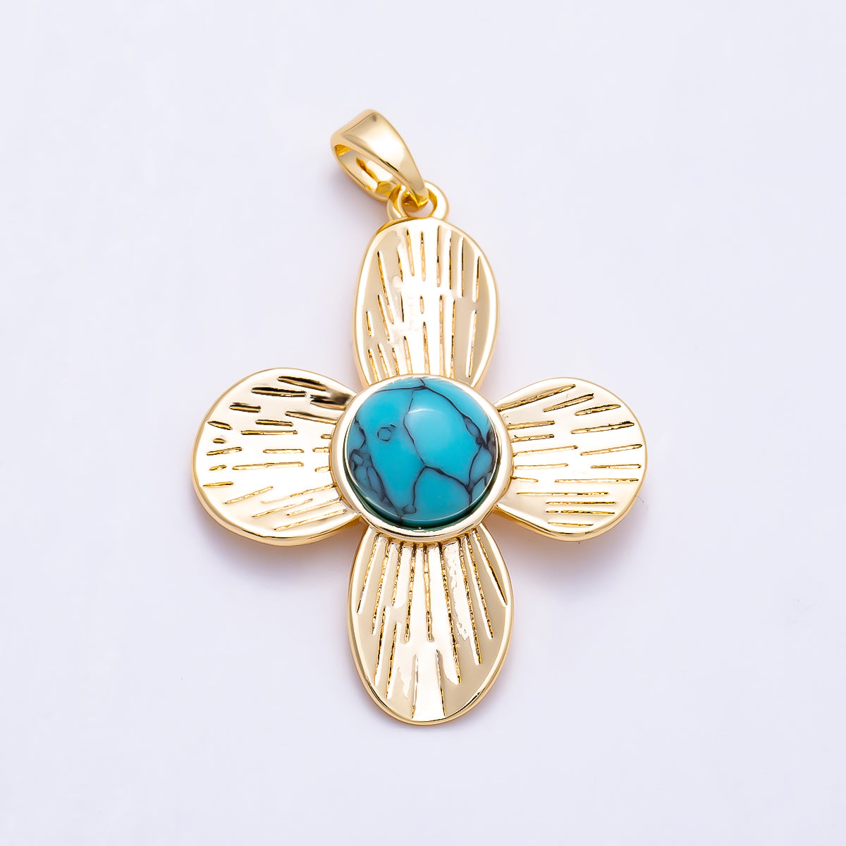 16K Gold Filled 31mm Turquoise, Tiger Eye, Shell Pearl Cabochon Line-Textured Flower Pendant | Charms-01562 ~ Charms-01564