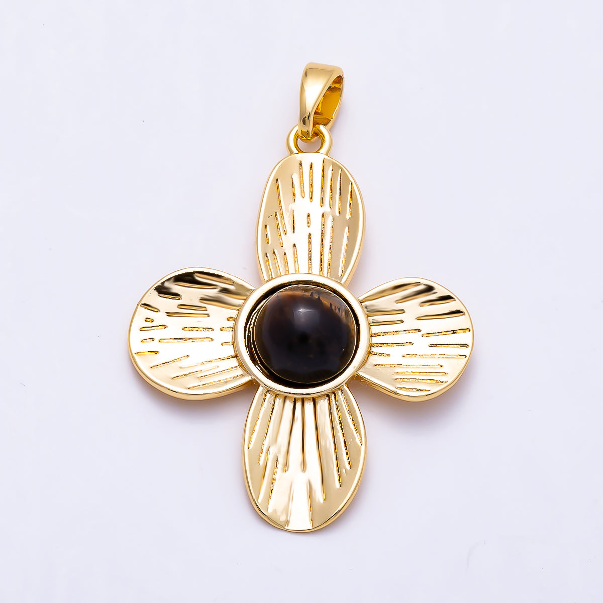 16K Gold Filled 31mm Turquoise, Tiger Eye, Shell Pearl Cabochon Line-Textured Flower Pendant | Charms-01562 ~ Charms-01564