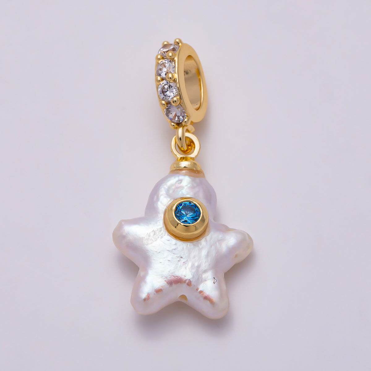 18K Gold Filled 17mm White, Purple Freshwater Pearl Celestial Star Micro Paved CZ Drop Rondelle Pendant | Charms-01589 Charms-01590