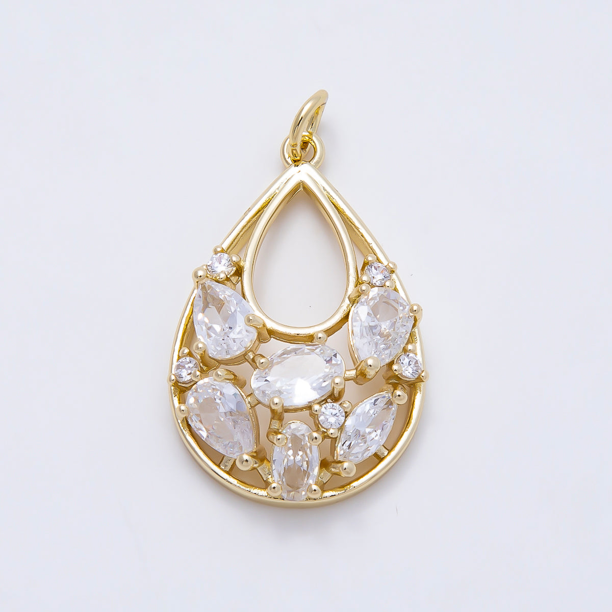 16K Gold Filled 26mm Clear CZ Cluster Teardrop Open Charm | Charms-01601