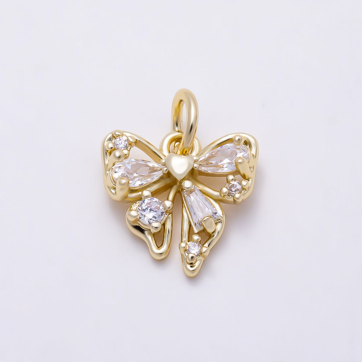 16K Gold Filled 11mm Clear CZ Cluster Coquette Ribbon Bow Open Charm | Charms-01606
