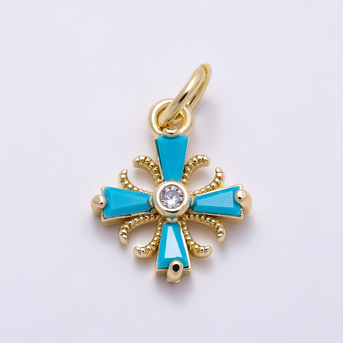 16K Gold Filled 12mm Turquoise Baguette Solitaire Clear CZ Vintage Cross Religious Charm | Charms-01612