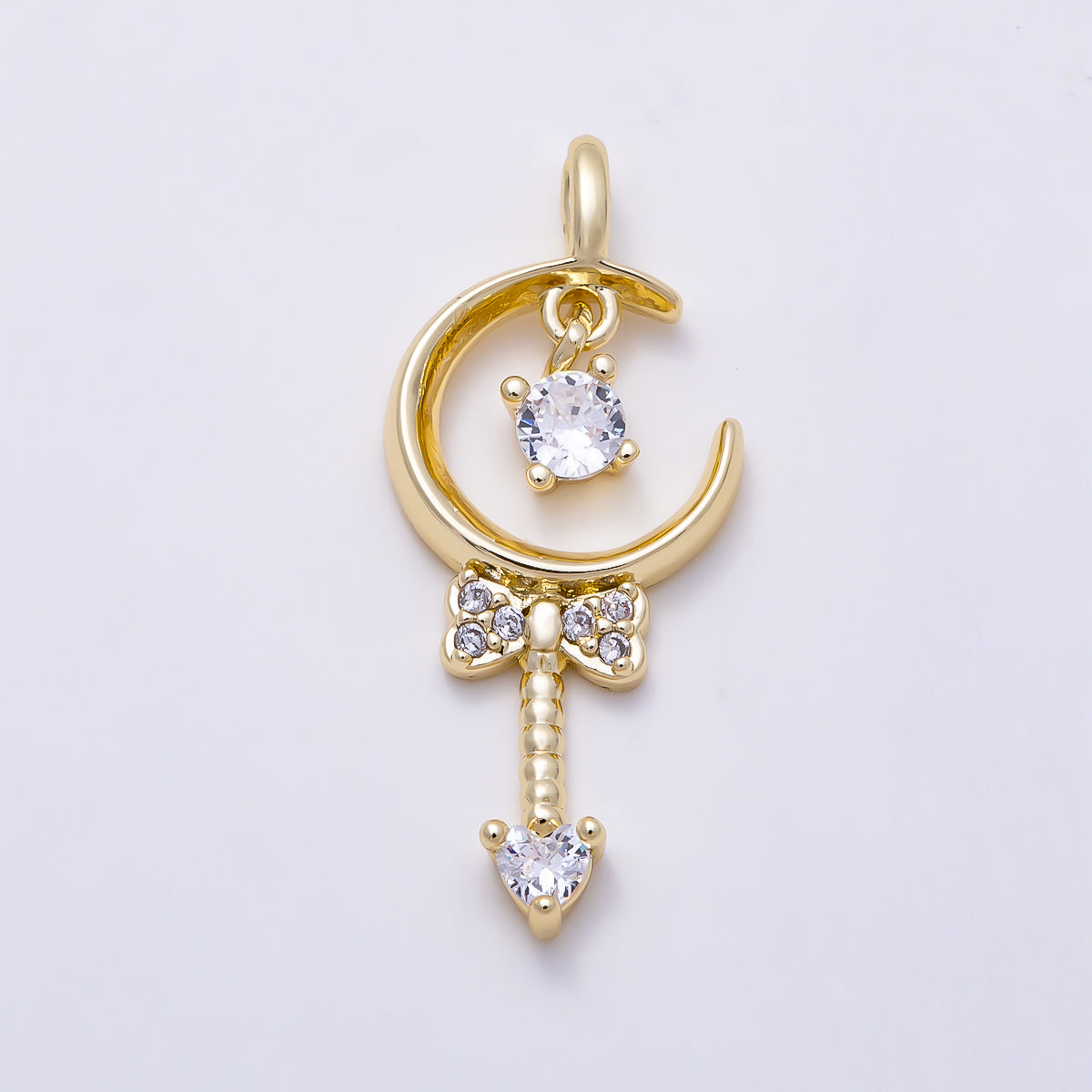 16K Gold Filled 23mm Micro Paved Ribbon Bow Heart CZ Magical Crescent Moon Wand Pendant | Charms-01615