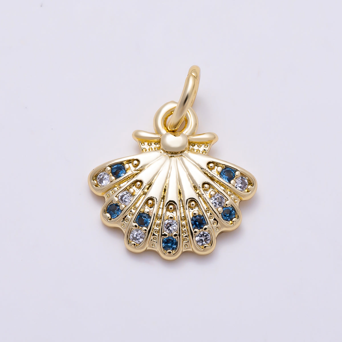 16K Gold Filled 11mm Blue and Clear CZ Fan-Shaped Peacock Tail Charm | Charms-01616