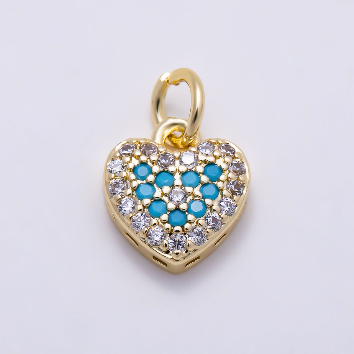 16K Gold Filled 10mm Turquoise and Clear Micro Paved CZ Puffy Heart Charm | Charms-01617
