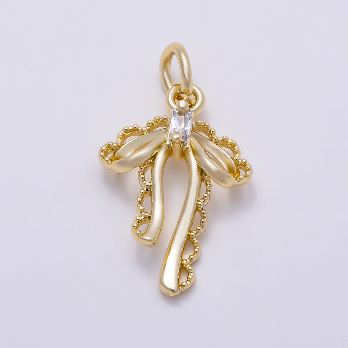 16K Gold Filled 17mm Baguette CZ Vintage Coquette Draped Ribbon Charm | Charms-01618