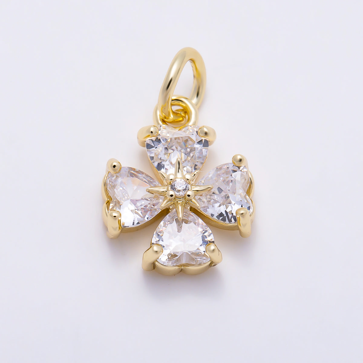 16K Gold Filled 12mm Heart CZ Starburst Four-Leaf Clover Charm | Charms-01623