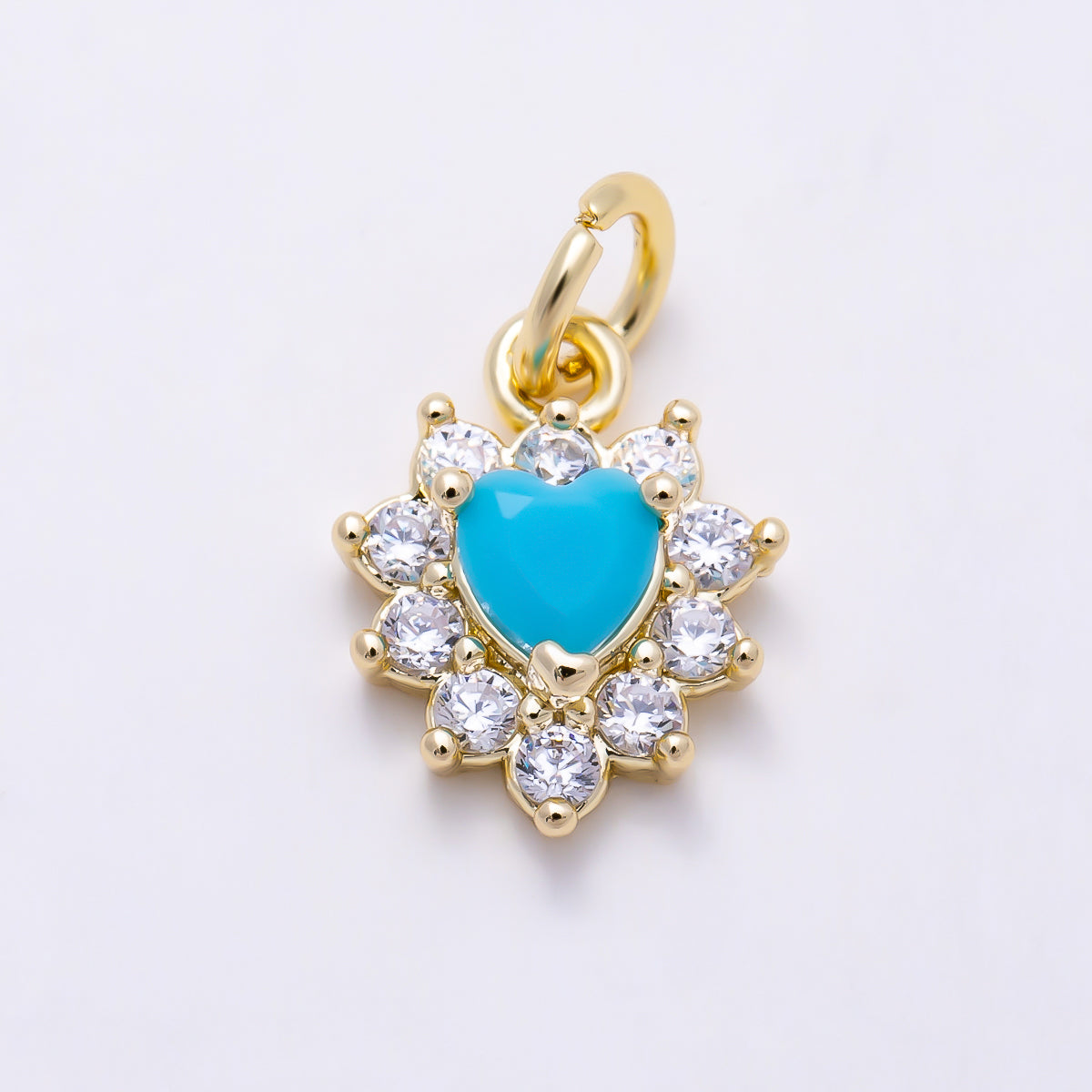16K Gold Filled 11mm Clear CZ Starburst Turquoise Heart Charm | Charms-01625