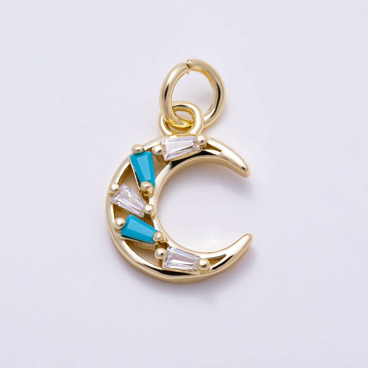 16K Gold Filled 13mm Turquoise & Clear CZ Celestial Crescent Moon Charm | Charms-01627