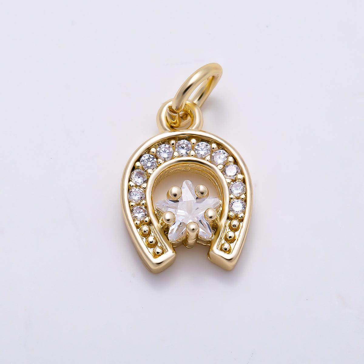 16K Gold Filled 12mm Clear Star CZ Lucky Horseshoe Charm | Charms-01628