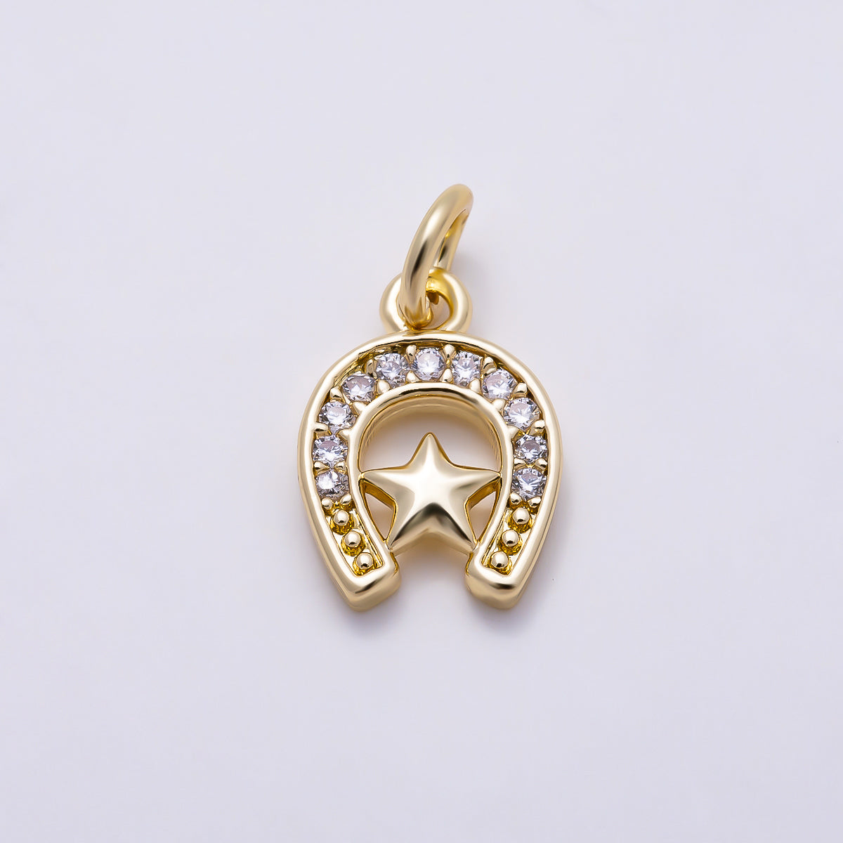 16K Gold Filled 12mm Clear & Pink Micro Paved CZ Plain Star Lucky Horseshoe Charm | Charms-01629 - Charms-01630