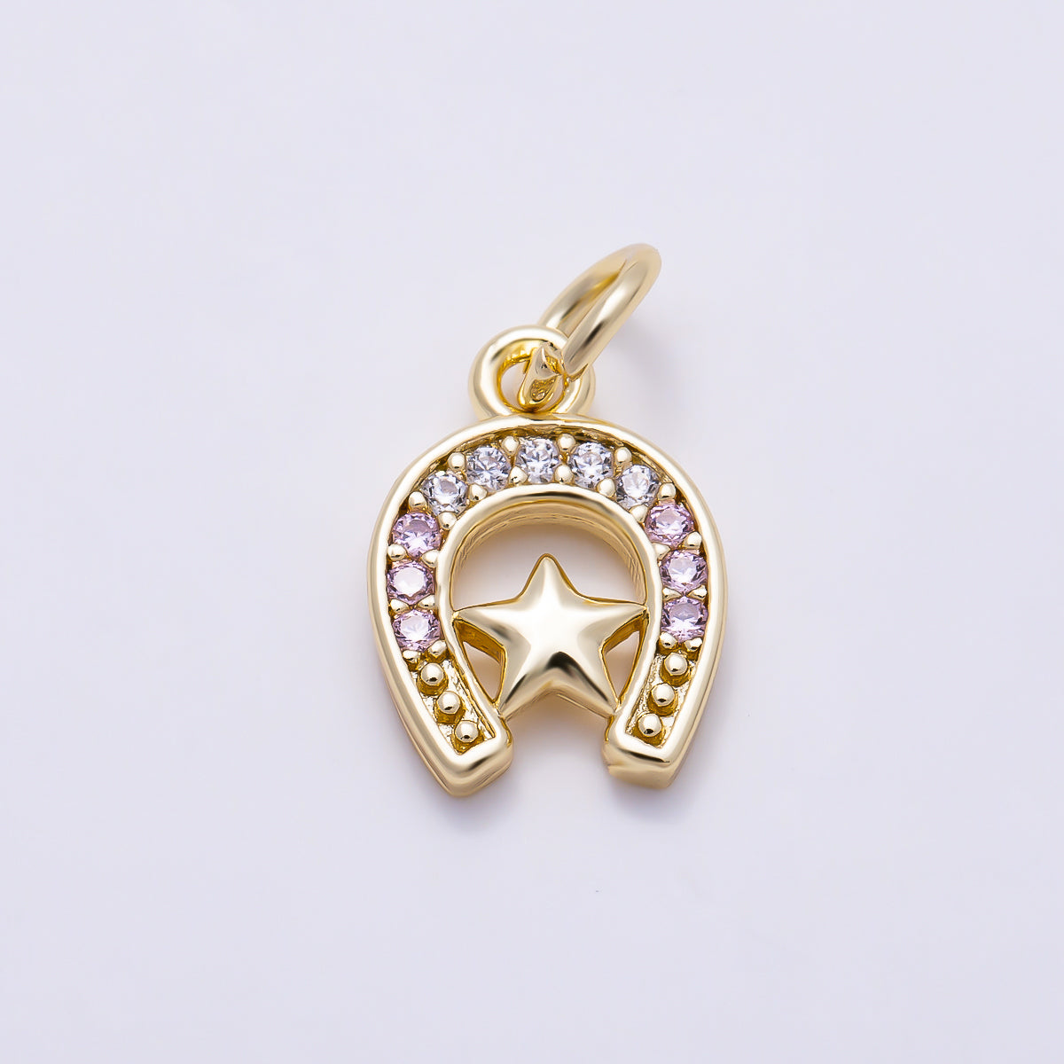 16K Gold Filled 12mm Clear & Pink Micro Paved CZ Plain Star Lucky Horseshoe Charm | Charms-01629 - Charms-01630