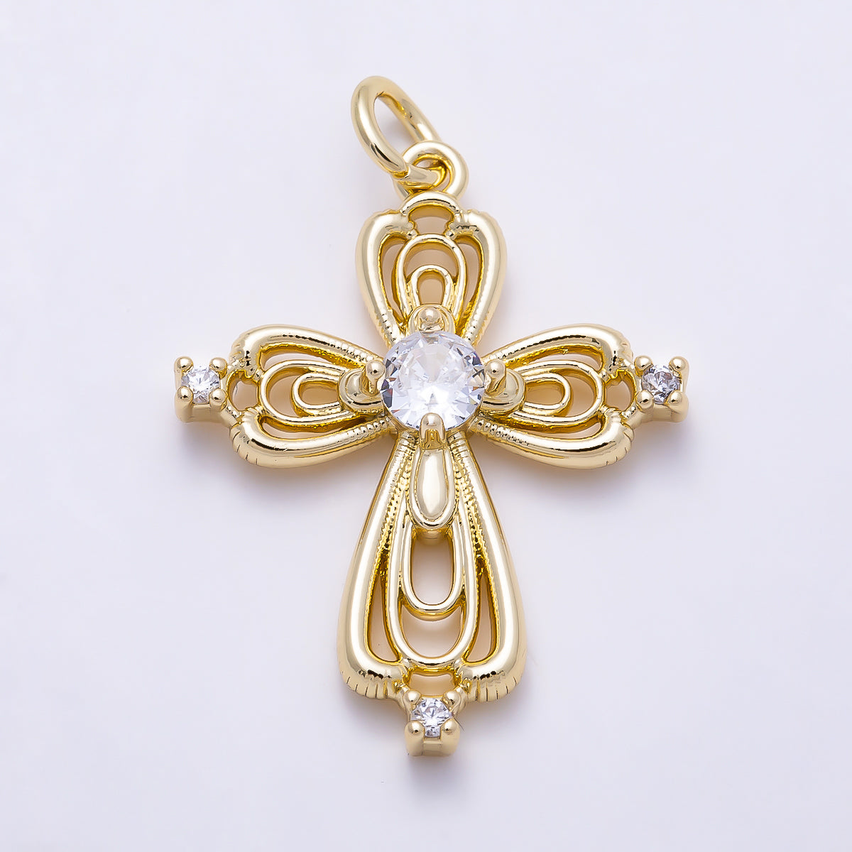 16K Gold Filled 25mm Clear Solitaire CZ Vintage Victorian Filigree Cross Charm | Charms-01638