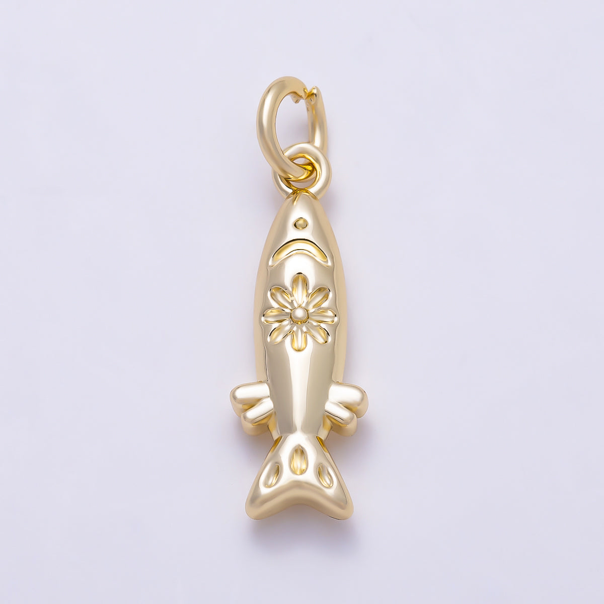 16K Gold Filled 19mm Floral Engraved 3D Puffy Fish Ocean Charm | Charms-01642