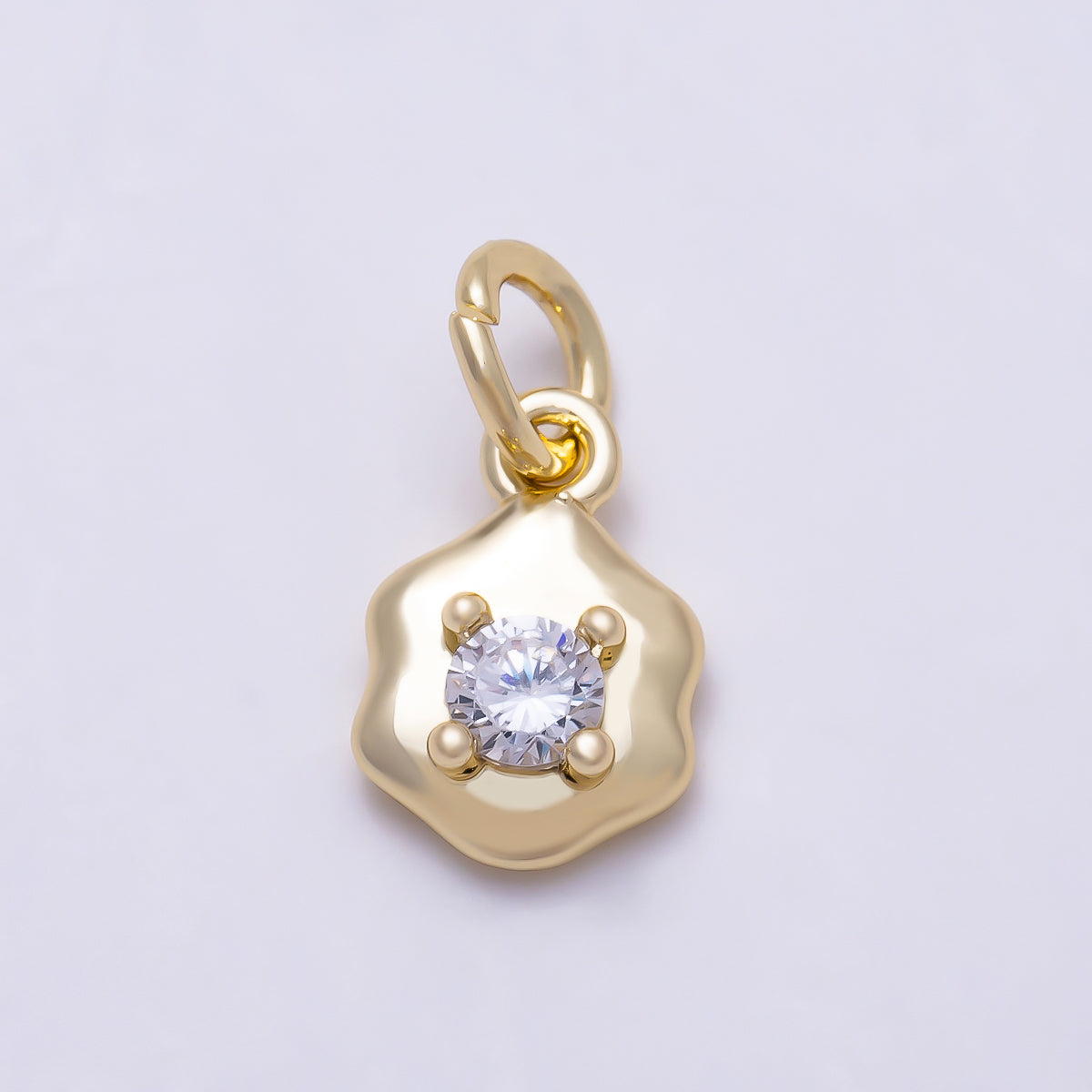 16K Gold Filled 10mm Scalloped Hexagon Solitaire Round CZ Charm | Charms-01644