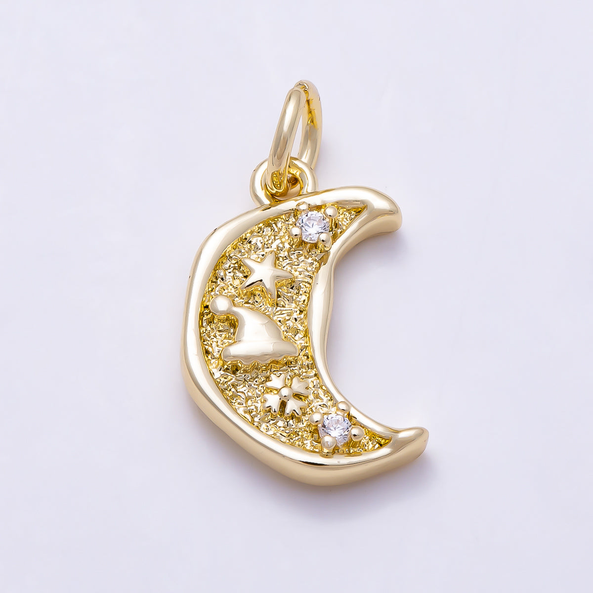 16K Gold Filled 15mm Clear CZ Textured Celestial Crescent Moon Charm | Charms-01646