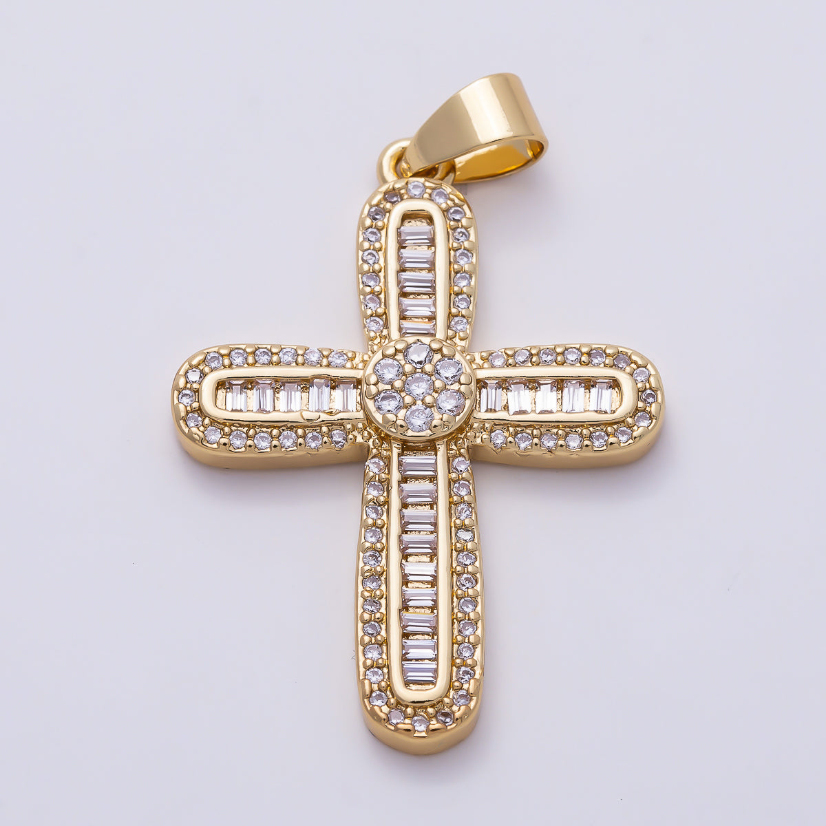 16K Gold Filled 33mm Baguette & Round Micro Paved CZ Cross Religious Pendant | Charms-01648