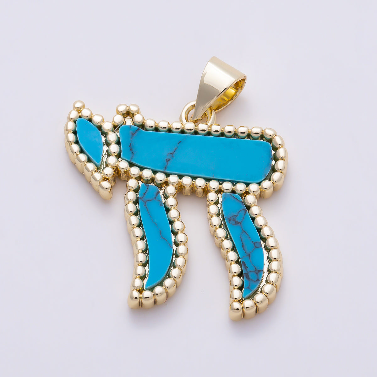 16K Gold Filled 33mm Turquoise, White Quartz Natural Gemstone Beaded Edge Chai Symbol Religious Pendant | Charms-01649 - Charms-01650