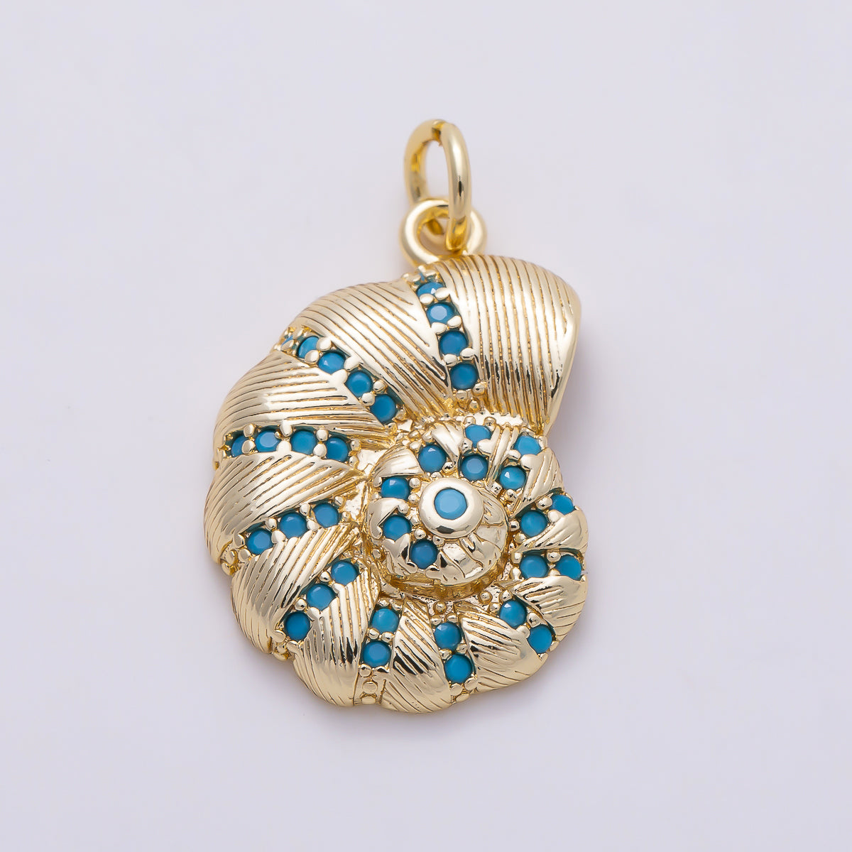 16K Gold Filled 21mm Turquoise CZ Textured Nautilus Seashell Ocean Charm | Charms-01652