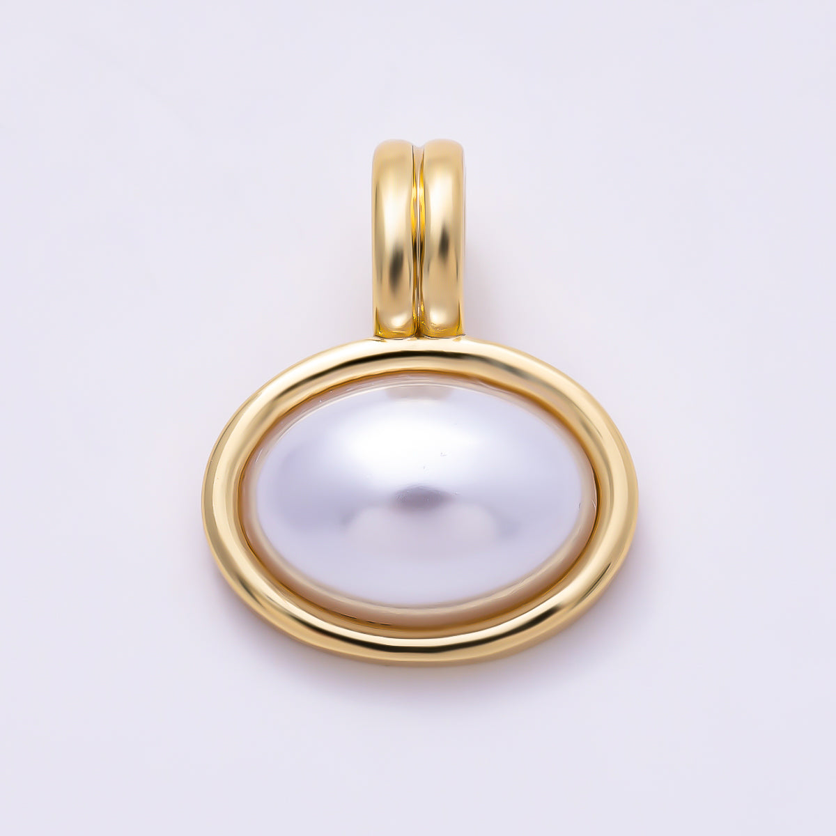 16K Gold Filled 21mm Ribbed Bail Oval White Shell Pearl Bezel Charm | Charms-01654