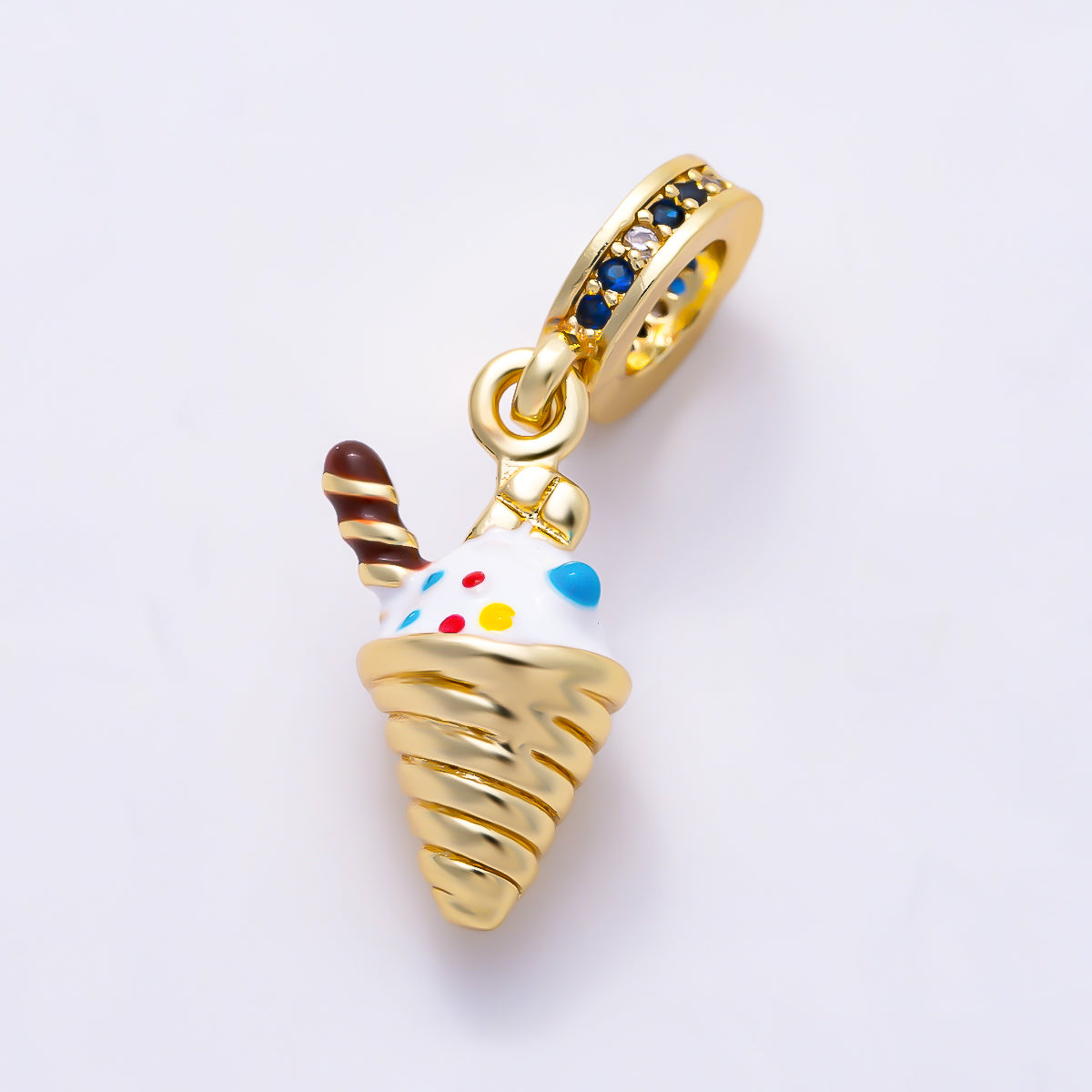 16K Gold Filled 16mm Micro Paved CZ Slider Colorful Enamel Ice Cream Cone Pendant | Charms-01657