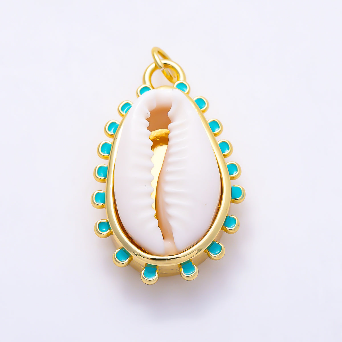 16K Gold Filled 28mm Turquoise Enamel Natural Cowrie Shell Scalloped Ocean Pendant | Charms-01658