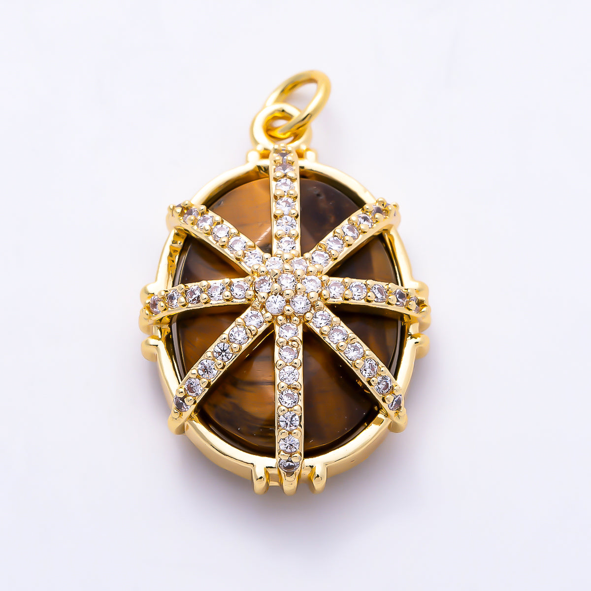 16K Gold Filled 23mm Micro Paved CZ Oval Natural Gemstone Starburst Overlay Pendant | Charms-01659 - Charms-01661