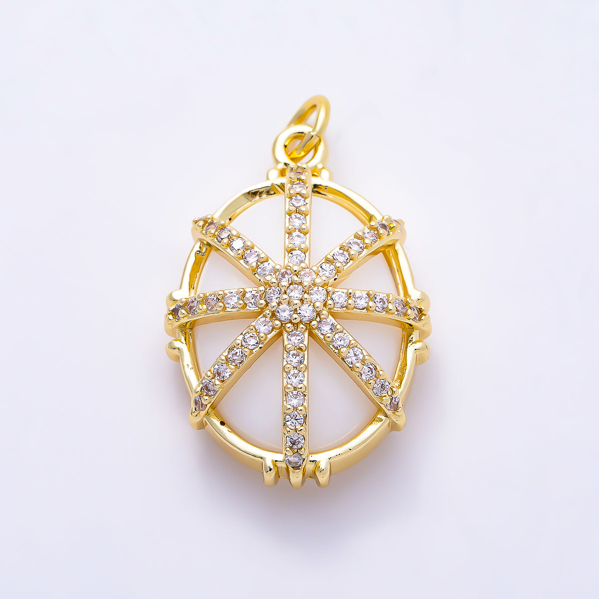 16K Gold Filled 23mm Micro Paved CZ Oval Natural Gemstone Starburst Overlay Pendant | Charms-01659 - Charms-01661