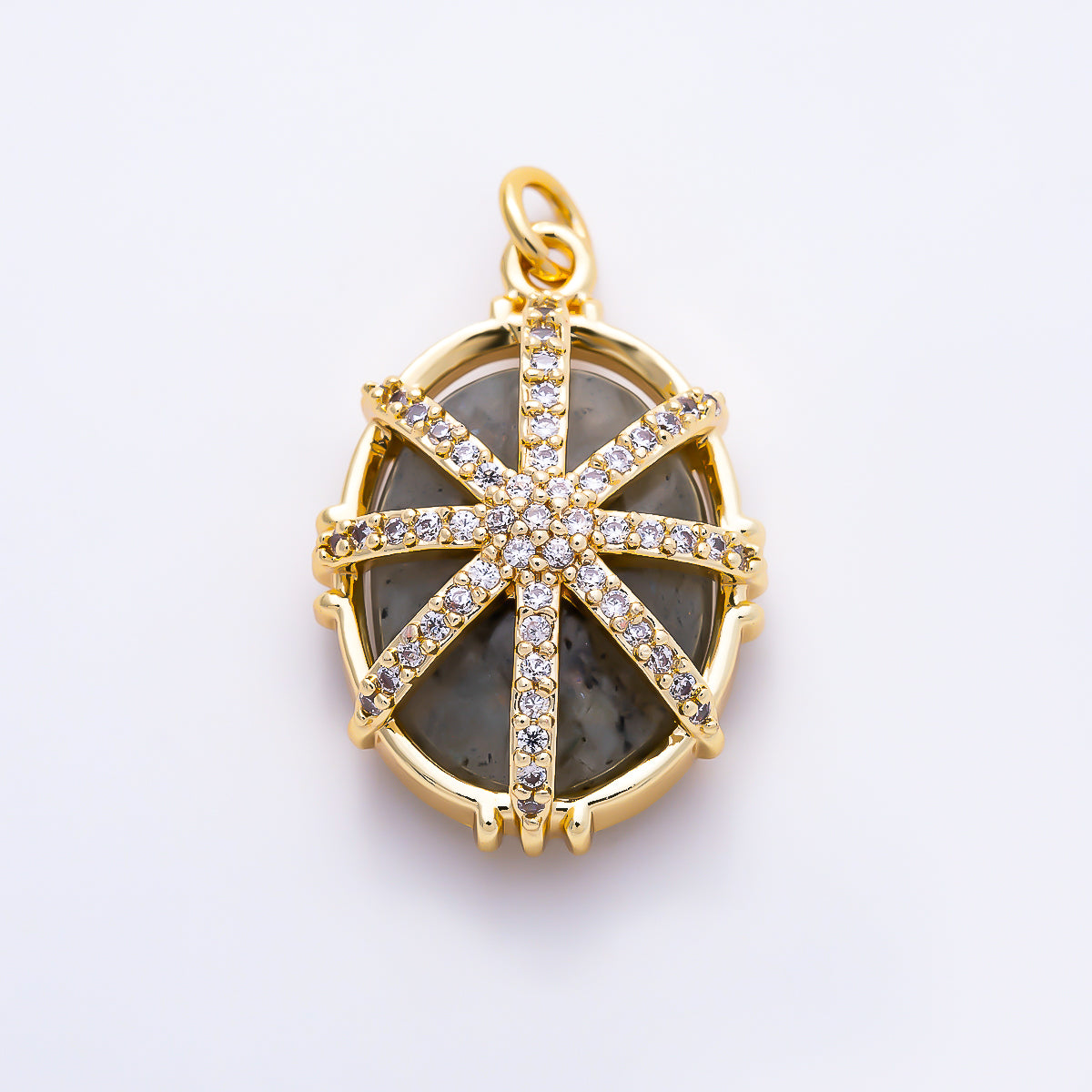 16K Gold Filled 23mm Micro Paved CZ Oval Natural Gemstone Starburst Overlay Pendant | Charms-01659 - Charms-01661