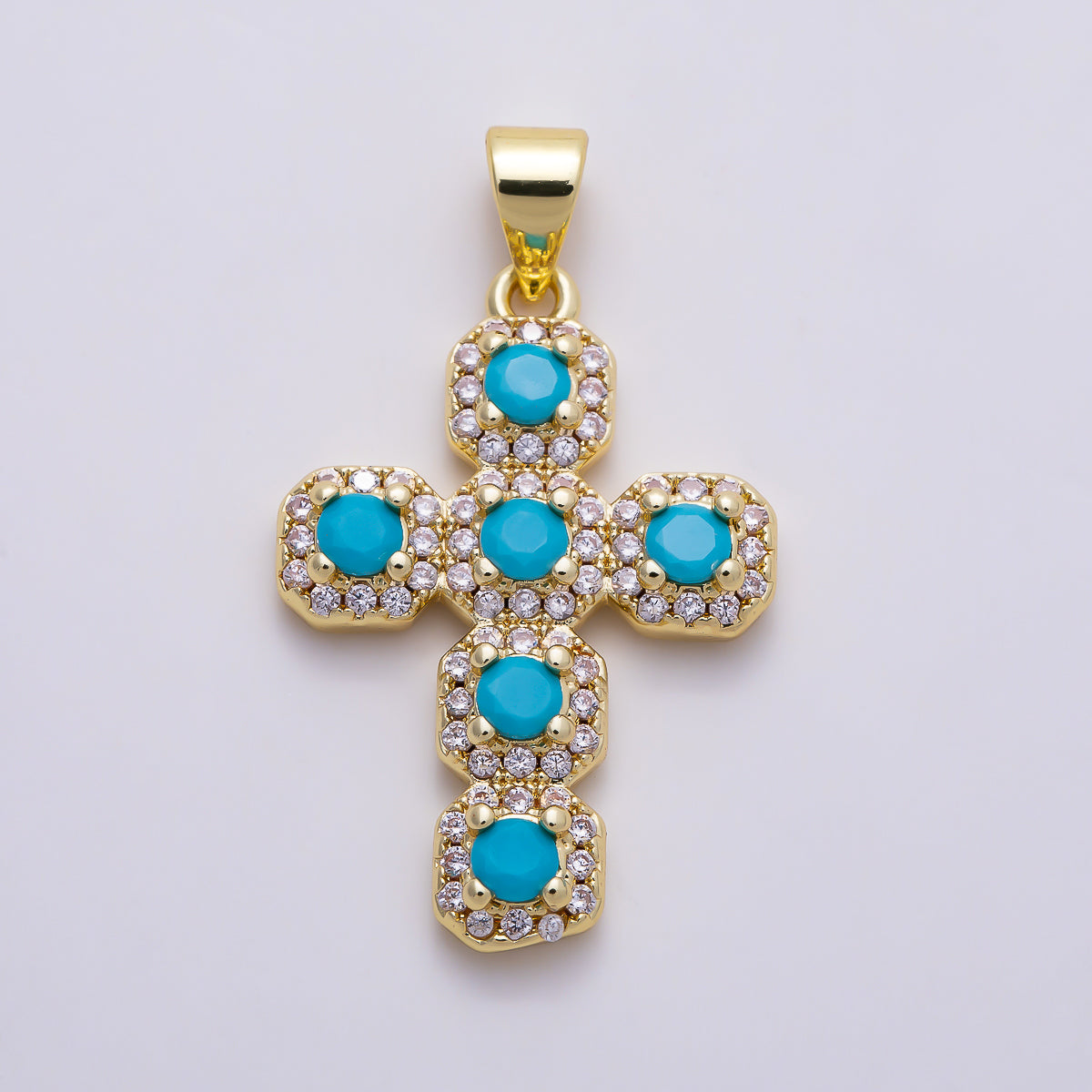 16K Gold Filled 25mm Round Turquoise Micro Paved CZ Statement Cross Religious Pendant | Charms-01662 - Charms-01663
