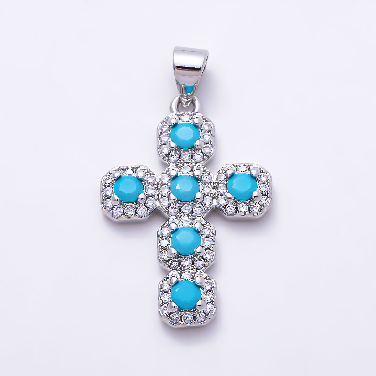 16K Gold Filled 25mm Round Turquoise Micro Paved CZ Statement Cross Religious Pendant | Charms-01662 - Charms-01663