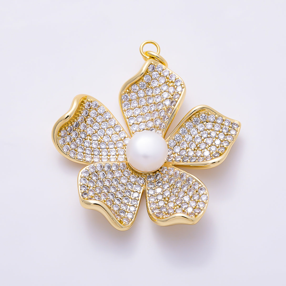 16K Gold Filled 35mm White Shell Pearl Micro Paved CZ Wavy Petal Flower Pendant | Charms-01676