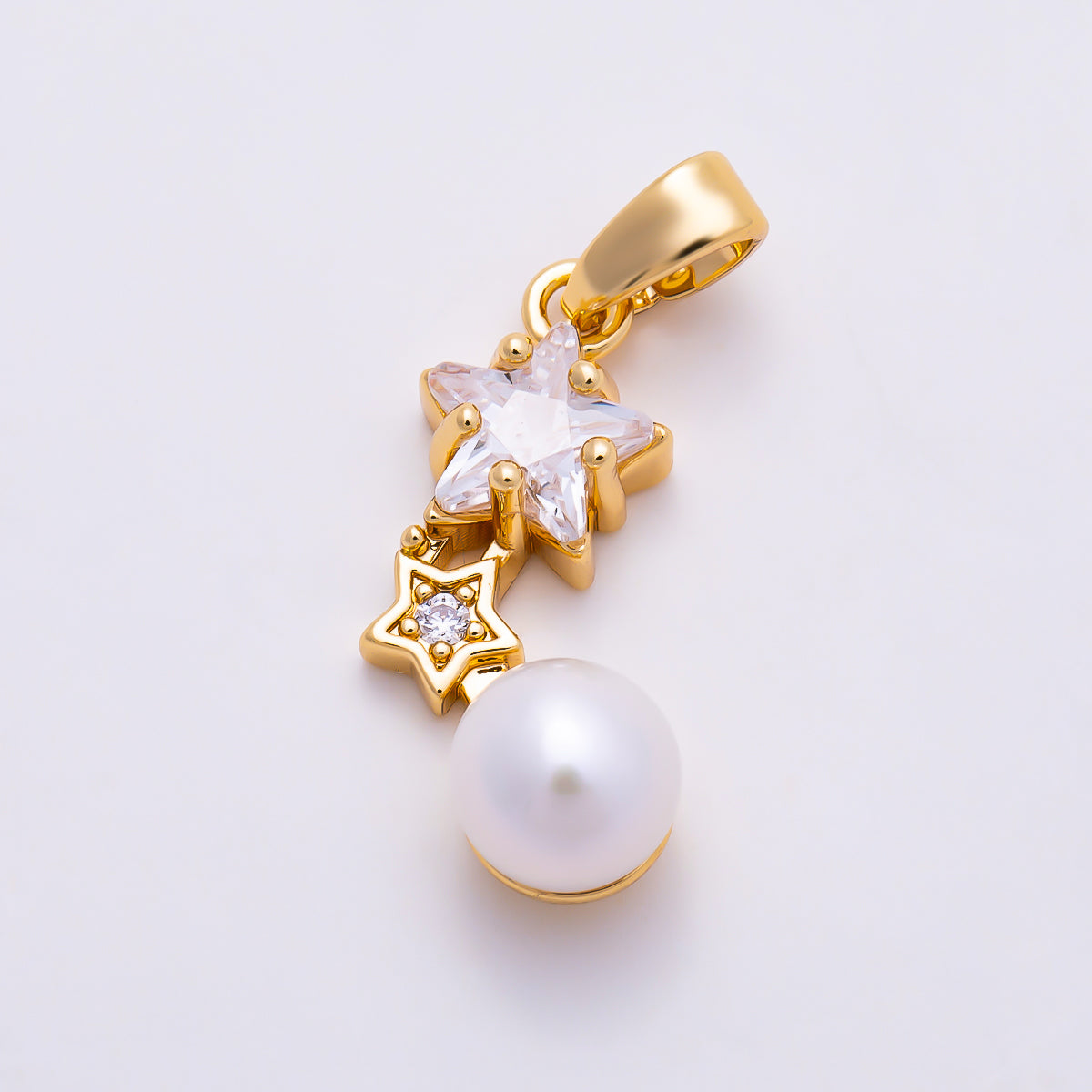 16K Gold Filled 19mm Double Star CZ & Shell Pearl Drop Pendant | Charms-01678 - Charms-01679