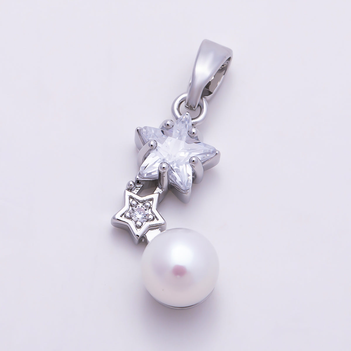 16K Gold Filled 19mm Double Star CZ & Shell Pearl Drop Pendant | Charms-01678 - Charms-01679