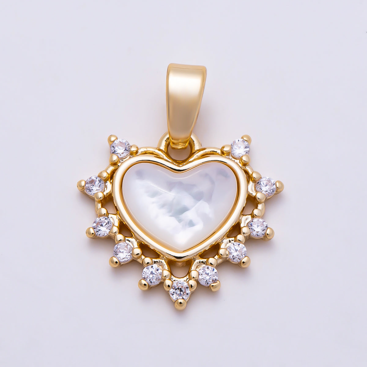 16K Gold Filled 14mm Mother of Pearl Heart CZ Sunburst Pendant | Charms-01683