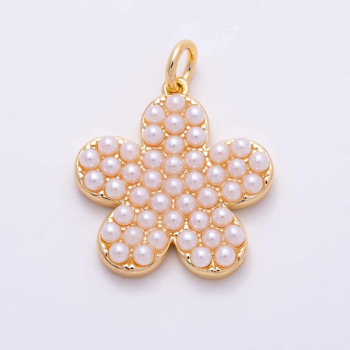 16K Gold Filled 19mm Micro Paved Shell Pearl Five-Petal Flower Charm | Charms-01686 - Charms-01687
