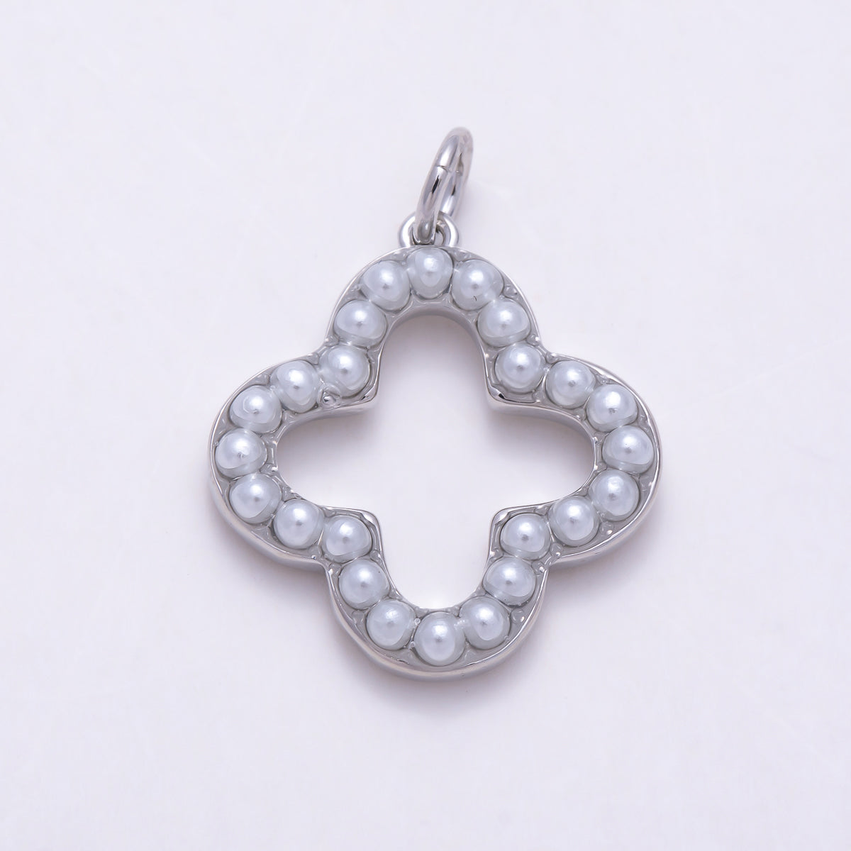 16K Gold Filled 20mm Openwork Quatrefoil Faux Pearl Frame Lucky Clover Charm | Charms-01694 - Charms-01695
