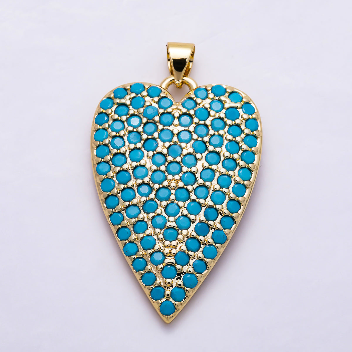 16K Gold Filled 32mm Clear, Fuchsia, and Turquoise Micro Paved CZ Elongated Heart Pendant | Charms-01774 - Charms-01776
