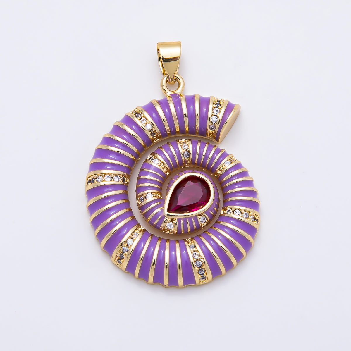 16K Gold Filled 31mm Colorful CZ Spiral Nautilus Shell Enamel Beach Pendant | Charms-01777 - Charms-01782