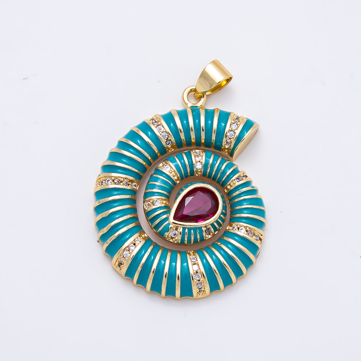 16K Gold Filled 31mm Colorful CZ Spiral Nautilus Shell Enamel Beach Pendant | Charms-01777 - Charms-01782