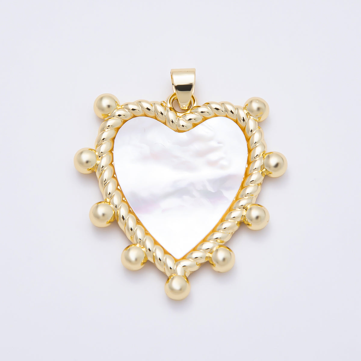 16K Gold Filled 36mm White Mother of Pearl Twisted Beaded Frame Heart Pendant | Charms-01785