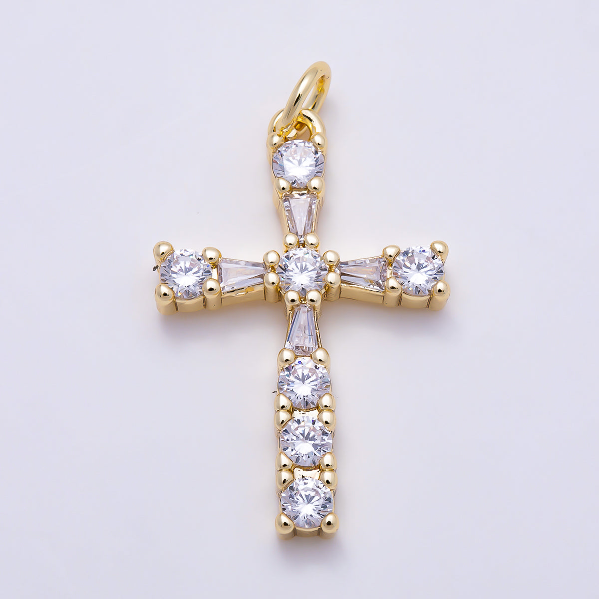 16K Gold Filled 26mm Round Baguette CZ Cross Religious Pendant in Gold | Charms-01786