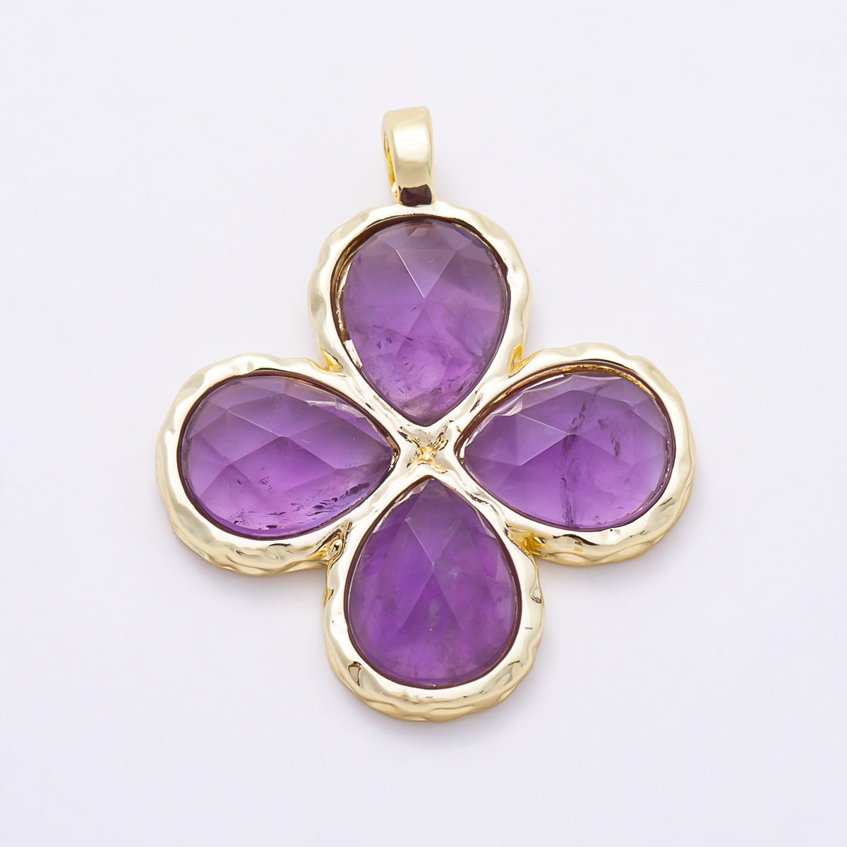 16K Gold Filled 32mm Faceted Four-Petal Lucky Clover Natural Gemstone Charm | Charms-01787 - Charms-