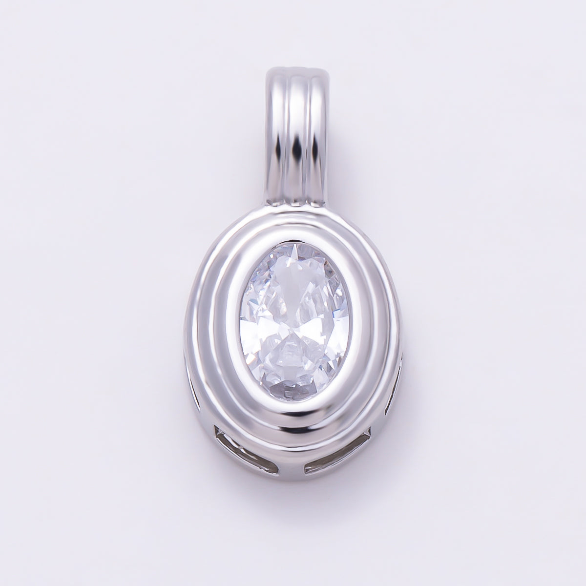 Silver 16mm Minimalist Oval Bezel CZ Birthstone Textured Bail Pendant | Charms-01829 - Charms-
