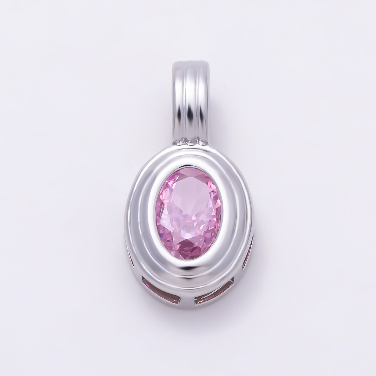 Silver 16mm Minimalist Oval Bezel CZ Birthstone Textured Bail Pendant | Charms-01829 - Charms-