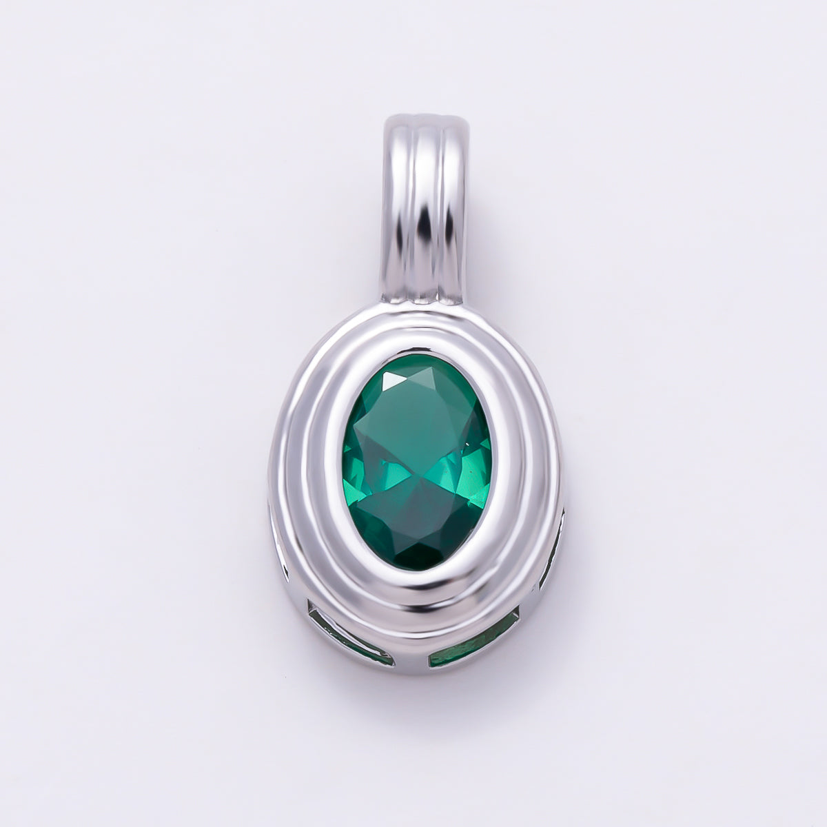 Silver 16mm Minimalist Oval Bezel CZ Birthstone Textured Bail Pendant | Charms-01829 - Charms-